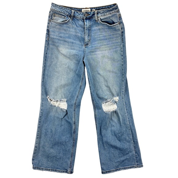 Ceros Denim - Ceros Wide Leg Ripped Distressed Jeans Women's 29 Blue High Rise Denim Pants